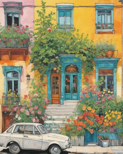 watercolor paris balcony,italian painter,watercolor paris,flower shop,sicily window,montmartre,positano,watercolor shops,provence,portofino,hanoi,watercolor paris shops,corfu,istanbul,corner flowers,naples,cinquecento,flower boxes,burano,blue jasmine,Illustration,Paper based,Paper Based 21