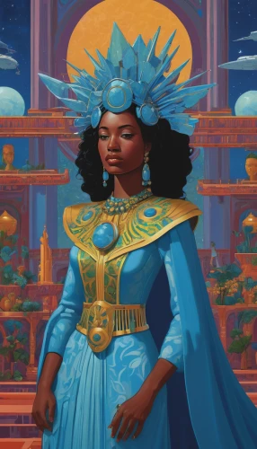 priestess,cleopatra,fantasy portrait,rosa ' amber cover,goddess of justice,tiana,sci fiction illustration,high priest,queen crown,imperial crown,artemisia,astral traveler,afroamerican,axum,nile,el dorado,blue enchantress,prosperity and abundance,crowned,prophet,Conceptual Art,Daily,Daily 29