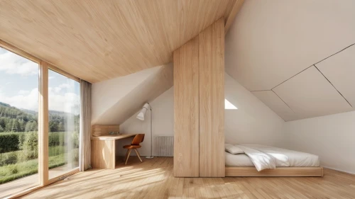 timber house,inverted cottage,cubic house,wooden windows,sleeping room,modern room,wooden house,wood window,wooden sauna,wooden beams,attic,wooden roof,daylighting,small cabin,folding roof,the cabin in the mountains,wooden floor,frame house,bedroom window,wood floor,Interior Design,Bedroom,Modern,French Minimalist