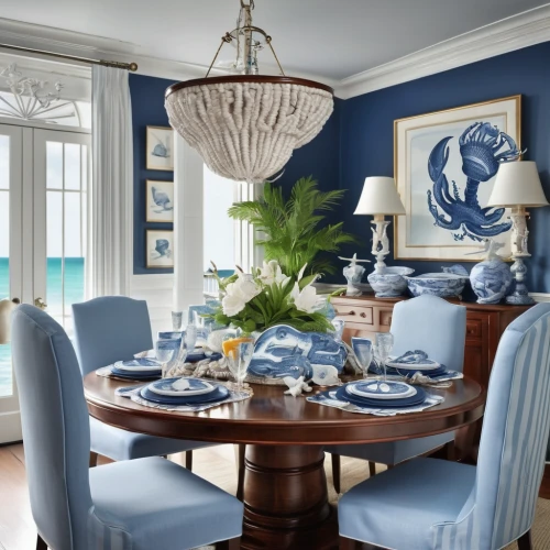 dining room table,blue and white porcelain,mazarine blue,kitchen & dining room table,blue room,dining table,blue lamp,shades of blue,tablescape,dining room,breakfast room,nautical colors,chesapeake blue crab,china cabinet,chalkhill blue,interior decor,blue leaf frame,blue sea shell pattern,shabby-chic,family room,Illustration,Realistic Fantasy,Realistic Fantasy 19