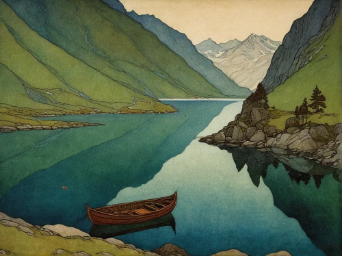 olle gill,boat landscape,nordland,sognefjord,geiranger,fjords,geirangerfjord,fjord,flåm,travel poster,edward lear,cool woodblock images,lysefjord,rowboats,canoes,carl svante hallbeck,austro,asher durand,lake sils,rippon,Illustration,Retro,Retro 17