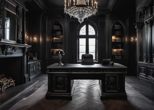 dark cabinetry,dark cabinets,cabinetry,ornate room,gothic style,a dark room,danish room,writing desk,victorian kitchen,billiard room,cabinets,dark gothic mood,secretary desk,dressing table,dresser,chiffonier,interior design,black table,luxury bathroom,armoire,Illustration,Realistic Fantasy,Realistic Fantasy 46