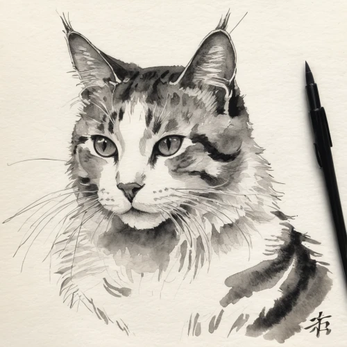 watercolor cat,drawing cat,cat portrait,chinese pastoral cat,pet portrait,animal portrait,cat drawings,japanese bobtail,calico cat,cat line art,tabby cat,cat-ketch,silver tabby,american shorthair,bengal cat,charcoal pencil,breed cat,a tiger,american wirehair,cat,Illustration,Paper based,Paper Based 30