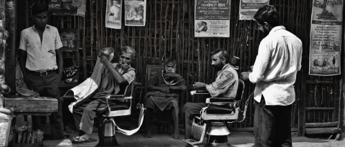 barber shop,vendors,barbershop,people reading newspaper,street musicians,old havana,market stall,stalls,souq,shopkeeper,laundry shop,stone town,men sitting,street scene,african businessman,shoeshine boy,addis ababa,souk,man praying,children studying,Illustration,Retro,Retro 24