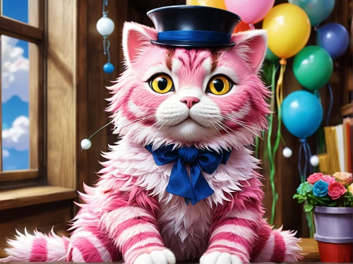 pink cat,tea party cat,doll cat,cartoon cat,cute cat,tom cat,circus animal,cat kawaii,cat image,cute cartoon character,felidae,the pink panter,ragdoll,ringmaster,tabby cat,cheshire,selkirk rex,breed cat,blue eyes cat,figaro,Illustration,Japanese style,Japanese Style 03