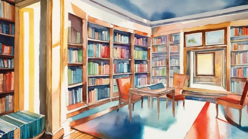 study room,bookshelves,reading room,watercolor background,study,colored pencil background,book wall,tea and books,bookcase,coffee and books,bookshop,bookshelf,book illustration,bookstore,watercolor cafe,library,books,book store,meticulous painting,watercolor tea shop