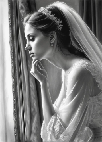 bride getting dressed,bride,blonde in wedding dress,wedding photography,bridal,bridal clothing,romantic portrait,bridal dress,wedding frame,bridal jewelry,wedding dresses,wedding dress,wedding photographer,dead bride,bridal accessory,contemplation,wedding gown,silver wedding,the angel with the veronica veil,pensive,Illustration,Black and White,Black and White 35