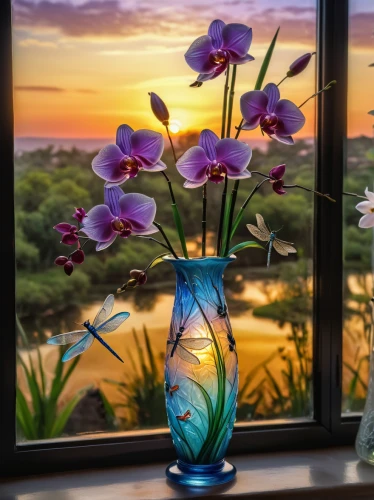 flower in sunset,glass vase,flower vases,flower vase,splendor of flowers,glass painting,colorful glass,shashed glass,flower arrangement,flower painting,orchids,tulipan violet,anemone purple floral,window sill,window film,flower bowl,windowsill,mixed orchid,colorful flowers,orchid flower,Photography,General,Natural
