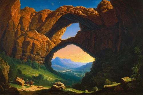 el arco,frederic church,mountain scene,natural arch,yellow mountains,red canyon tunnel,mountain landscape,mountainous landscape,rock arch,la rocher de la baume,the landscape of the mountains,canyon,mountainous landforms,ayersrock,archway,arco,karst landscape,elbe sandstone mountains,chasm,creux du van,Art,Classical Oil Painting,Classical Oil Painting 16