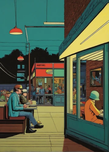 convenience store,retro diner,the coffee shop,store fronts,soda shop,record store,street scene,deli,gas-station,gas station,coffee shop,grocer,liquor store,sci fiction illustration,restaurants,drinking establishment,fifties,public space,truck stop,men sitting,Illustration,American Style,American Style 15