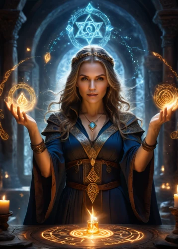 sorceress,candlemaker,priestess,zodiac sign libra,libra,divination,magic grimoire,blue enchantress,the enchantress,celtic woman,runes,mage,celtic queen,fantasy picture,triquetra,amulet,divine healing energy,fantasy art,summoner,elven
