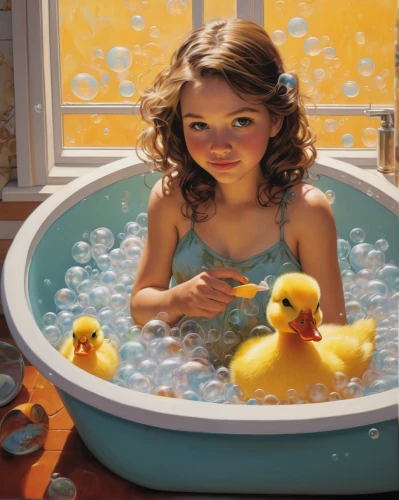 bath ducks,rubber ducks,bath duck,the girl in the bathtub,rubber duckie,duckling,ducky,ducklings,rubber ducky,rubber duck,bird in bath,bathing,duck females,baby bathing,bathing fun,ducks,young duck duckling,oil painting on canvas,bathtub accessory,jacuzzi,Illustration,American Style,American Style 08