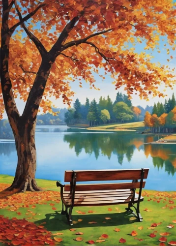 autumn background,autumn landscape,fall landscape,landscape background,autumn scenery,autumn idyll,park bench,wooden bench,outdoor bench,red bench,autumn in the park,art painting,one autumn afternoon,autumn day,oil painting on canvas,bench,autumn frame,autumn park,background view nature,the autumn,Art,Classical Oil Painting,Classical Oil Painting 01