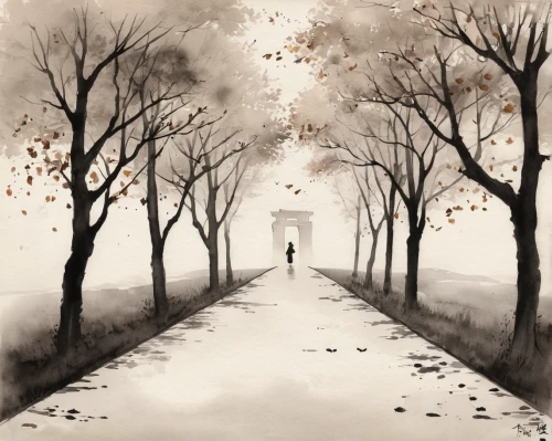 autumn walk,autumn background,autumn fog,the autumn,halloween bare trees,autumn scenery,girl walking away,autumn landscape,watercolor background,empty road,woman walking,pathway,autumn day,autumn idyll,late autumn,road forgotten,autumn theme,the path,fallen leaves,the mystical path,Illustration,Paper based,Paper Based 30