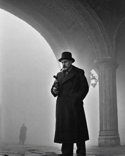 film noir,sherlock holmes,holmes,bram stoker,pipe smoking,al capone,hitch,churchill and roosevelt,casablanca,sherlock,enrico caruso,smoking man,luther,atatürk,detective,inspector,overcoat,cinematographer,stieglitz,silent film,Conceptual Art,Fantasy,Fantasy 08