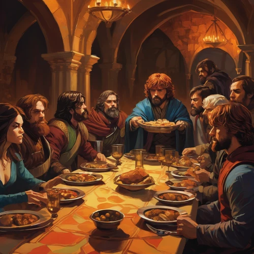 holy supper,game of thrones,last supper,christ feast,tyrion lannister,dinner party,biblical narrative characters,dwarf cookin,dwarves,massively multiplayer online role-playing game,family dinner,thorin,wise men,card game,long table,games of light,the middle ages,middle ages,tabletop game,hobbit,Conceptual Art,Oil color,Oil Color 04