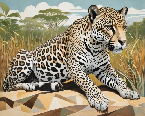 jaguar,hosana,african leopard,panthera leo,felidae,leopard,caatinga,cheetah,ocelot,serengeti,endangered,david bates,cheetahs,safari,anthropomorphized animals,botswana,leopard head,panther,khokhloma painting,altiplano,Illustration,Vector,Vector 18