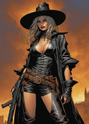 halloween witch,witch,gunfighter,sorceress,witch ban,black hat,huntress,halloween black cat,leather hat,cowgirl,dodge warlock,celebration of witches,femme fatale,wild west,wicked witch of the west,witch hat,witch broom,heroic fantasy,black cat,swordswoman,Illustration,American Style,American Style 02
