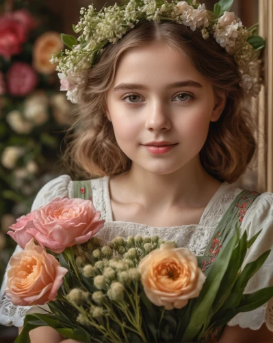 beautiful girl with flowers,girl in flowers,flower girl,vintage flowers,girl in a wreath,flower arranging,girl picking flowers,flower girl basket,floral wreath,romantic portrait,floristry,artificial flowers,vintage floral,holding flowers,young girl,florists,blooming wreath,flower background,flower crown,flowers png,Photography,General,Natural