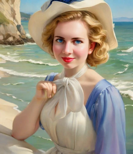 the sea maid,emile vernon,woman with ice-cream,marilyn monroe,panama hat,romantic portrait,the beach pearl,retro pin up girl,beach background,girl on the boat,fantasy portrait,the blonde in the river,girl on the river,girl wearing hat,world digital painting,vintage girl,retro woman,retro girl,portrait background,virginia