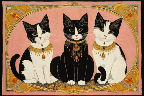 vintage cats,folk art,two cats,art deco frame,felines,gothic portrait,cattles,cat frame,frame ornaments,art deco ornament,decorative art,cat family,cat portrait,vintage art,cats,cat lovers,decorative plate,capricorn kitz,gold foil art deco frame,vintage cat,Illustration,Retro,Retro 26