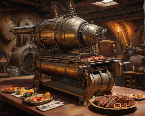 dwarf cookin,cannon oven,meat grinder,steampunk,tavern,cask,wine barrel,wine tavern,steampunk gears,barbeque grill,caravel,grilled food sketches,hobbiton,roasted chestnuts,brewery,rotisserie,cookery,pub,the boiler room,beer keg,Art,Classical Oil Painting,Classical Oil Painting 43