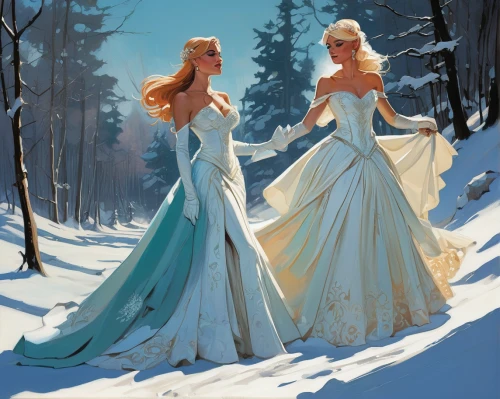 celtic woman,the snow queen,suit of the snow maiden,princesses,wedding dresses,white rose snow queen,snow scene,frozen,fairytale characters,fairytales,fairy tales,fantasy picture,winter magic,two girls,elsa,glory of the snow,winter dress,eternal snow,snow figures,winter background,Conceptual Art,Oil color,Oil Color 04
