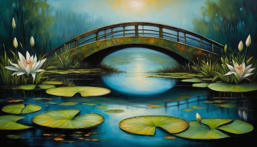 white water lilies,water lilies,lotus pond,lily pond,waterlily,water lotus,water lilly,lily pads,water lily plate,rainbow bridge,lotuses,water lily,oil painting on canvas,lotus blossom,angel bridge,art painting,pond flower,lily pad,lilly pond,scenic bridge,Illustration,Realistic Fantasy,Realistic Fantasy 34
