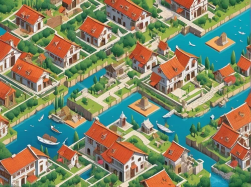 escher village,delft,medieval town,resort town,blocks of houses,suburban,knight village,suburbs,aurora village,villages,city moat,isometric,houses,venezia,roofs,houses clipart,venetian,terracotta tiles,town planning,canals,Unique,3D,Isometric