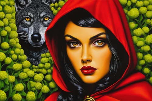 red riding hood,little red riding hood,gothic portrait,fairy tale icons,red coat,fantasy art,two wolves,canis lupus,queen of hearts,black shepherd,oil painting on canvas,wolves,colored pencil background,red wolf,canidae,fantasy portrait,fauna,game illustration,girl with dog,art painting,Conceptual Art,Daily,Daily 19