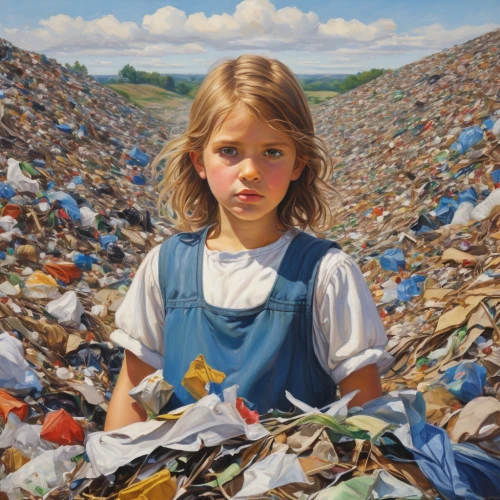 landfill,recycling world,waste collector,rubbish collector,plastic waste,trash land,waste separation,scrap collector,girl with cloth,the pollution,plastic arts,recycling criticism,pollution,trash dump,teaching children to recycle,environmental destruction,child portrait,garbage collector,waste,rubbish,Illustration,Retro,Retro 20