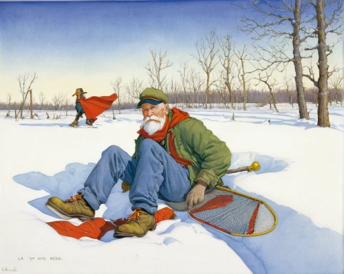 ice fishing,sledding,skijoring,snow scene,forest workers,winter sports,mushing,cross-country skiing,hunting scene,winter sport,picking vegetables in early spring,hard winter,sleigh ride,snow removal,in the winter,skiers,sled dog,dog sled,snowshoe,winter service,Illustration,Realistic Fantasy,Realistic Fantasy 04