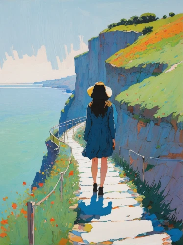 chalk cliff,robin hood's bay,girl walking away,cliff top,etretat,cliffs etretat,cliffs of etretat,beachy head,little girl in wind,blue painting,pathway,cliff coast,dorset,normandy,gower,white cliffs,study,swanage,lan thom,girl on the stairs,Illustration,Paper based,Paper Based 19