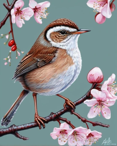 bird painting,spring bird,chestnut sided warbler,song bird,flower and bird illustration,chestnut-backed chickadee,carolina wren,common firecrest,chipping sparrow,bird flower,chestnut-backed,magnolia warbler,bird illustration,springtime background,spring blossom,sparrow bird,almond blossom,rufous,golden crowned kinglet,nature bird,Illustration,Realistic Fantasy,Realistic Fantasy 19