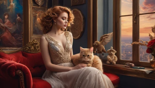 red tabby,emile vernon,victorian lady,ginger cat,romantic portrait,queen anne,vanity fair,ginger family,mary-gold,the victorian era,fantasy portrait,victorian style,vintage cat,photo manipulation,cinderella,vintage art,evening dress,selkirk rex,the crown,enchanting,Photography,General,Natural