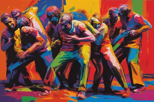 dancers,musicians,rainbow jazz silhouettes,modern pop art,dance with canvases,salsa dance,street dance,jazz,cool pop art,pop art people,performers,violinists,figure group,group of people,cmyk,dance club,hip-hop dance,pop art colors,wrestlers,latin dance,Conceptual Art,Oil color,Oil Color 21