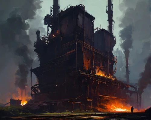 ruins,ruin,industrial ruin,ship wreck,destroyed city,refinery,post-apocalyptic landscape,furnace,burned out,industrial landscape,lost place,charred,oil rig,post-apocalypse,ruined castle,factory ship,wreck,fire damage,scorched earth,steel tower,Conceptual Art,Fantasy,Fantasy 06
