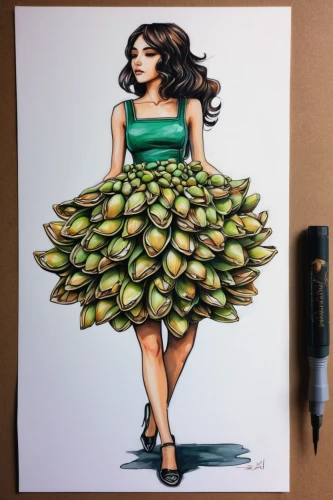 copic,pistachios,fashion illustration,durian seed,color pencils,durian,kiwifruit,jackfruit,colored pencils,colour pencils,watermelon painting,hula,watercolor pin up,cocktail dress,quinceañera,leaf drawing,avo,coloured pencils,banana leaf,avocado,Illustration,Realistic Fantasy,Realistic Fantasy 23