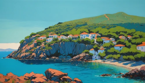 coastal landscape,skopelos,dubrovnic,peninsula of gâvres,beach landscape,bay of islands,carbis bay,landscape with sea,parga,sea landscape,cove,crimea,grand bleu de gascogne,seaside country,saint pierre,isle of may,seaside resort,saint-martin,the coast,lavezzi isles,Illustration,Paper based,Paper Based 19