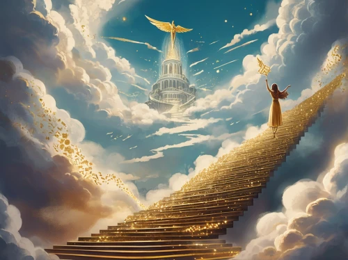 stairway to heaven,heavenly ladder,the pillar of light,heaven gate,stairway,angel moroni,fantasy picture,jacob's ladder,golden scale,ascending,icon steps,fantasy art,ascension,world digital painting,sci fiction illustration,golden rain,golden crown,tower of babel,the mystical path,freemasonry,Conceptual Art,Fantasy,Fantasy 02