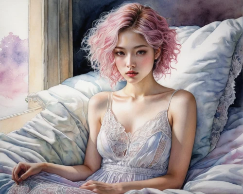 peony pink,woman on bed,janome chow,girl in bed,romantic portrait,mari makinami,han thom,pink peony,young woman,girl portrait,portrait of a girl,the girl in nightie,songpyeon,la violetta,nightgown,peony,pink dawn,relaxed young girl,oil painting,oil painting on canvas