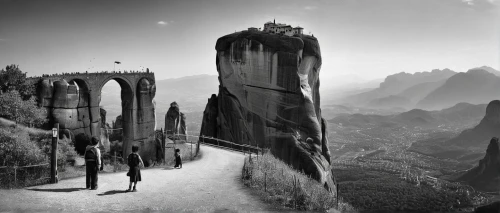 meteora,photo manipulation,photomontage,guards of the canyon,fantasy landscape,ruined castle,fantasy picture,photomanipulation,photoshop manipulation,image manipulation,stone towers,bastei,3d fantasy,parallel worlds,virtual landscape,valley of death,ghost castle,futuristic landscape,road of the impossible,castles,Photography,Black and white photography,Black and White Photography 02