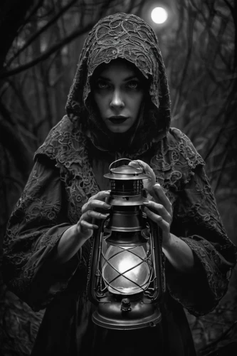 dark gothic mood,mystical portrait of a girl,crystal ball-photography,gothic woman,gothic portrait,dark portrait,monochrome photography,the witch,a girl with a camera,fortune teller,little red riding hood,the enchantress,vintage lantern,sorceress,red riding hood,camerist,dark art,divination,conceptual photography,lamplighter,Illustration,Realistic Fantasy,Realistic Fantasy 47