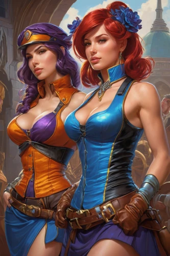 massively multiplayer online role-playing game,cowgirls,steampunk,game illustration,bad girls,collectible card game,pirate treasure,steampunk gears,fantasy art,two girls,celebration of witches,redheads,fantasy picture,vintage girls,duo,role playing game,retro women,musketeers,pin-up girls,monsoon banner,Illustration,Retro,Retro 14
