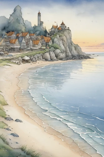 beach landscape,coastal landscape,runswick bay,carmel by the sea,bamburgh,carbis bay,normandy,sea landscape,bretagne,sand coast,robin hood's bay,watercolor,alnmouth,gower,seaside country,cliff coast,cadzand bad,seaside view,landscape with sea,the coast,Illustration,Paper based,Paper Based 29