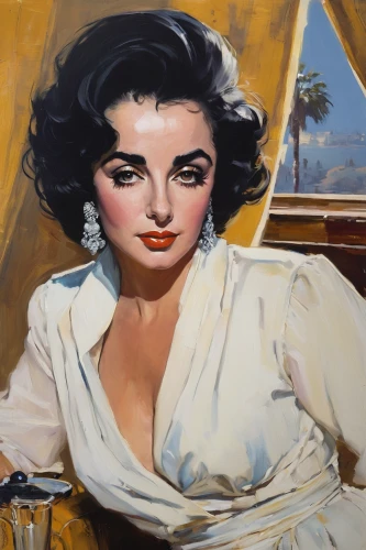 elizabeth taylor,jane russell-female,elizabeth taylor-hollywood,jean simmons-hollywood,woman at cafe,marylyn monroe - female,italian painter,cigarette girl,ann margarett-hollywood,joan collins-hollywood,vintage art,woman drinking coffee,marilyn,carol m highsmith,model years 1960-63,meticulous painting,woman with ice-cream,girl on the boat,bouffant,oil painting on canvas,Conceptual Art,Fantasy,Fantasy 15