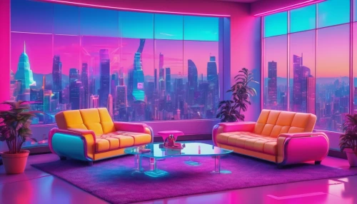 neon cocktails,apartment lounge,livingroom,aesthetic,pink chair,sky apartment,an apartment,colorful city,neon coffee,living room,miami,80's design,neon tea,apartment,neon,fantasy city,neon candies,neon drinks,vapor,neon lights,Conceptual Art,Sci-Fi,Sci-Fi 28