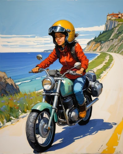 motorcyclist,motorbike,motorcycle,motorcycle tour,girl with a wheel,moped,motorcycles,motorcycling,motorcycle tours,motor-bike,piaggio ciao,scooter riding,vespa,motorcycle racer,motorcycle helmet,family motorcycle,motor scooter,oil painting,piaggio,italian painter,Conceptual Art,Fantasy,Fantasy 08