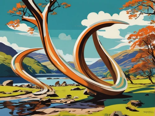 panoramical,branch swirl,crooked forest,oxbow lake,robert duncanson,mountain spring,meanders,branch swirls,scythe,snake tree,travel poster,autumn mountains,landform,celtic tree,winding,sinuous,oktoberfest background,meander,autumn landscape,trumpet of the swan,Illustration,Retro,Retro 12