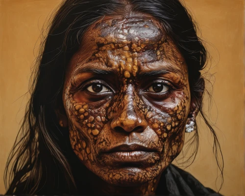 indian woman,aboriginal australian,indian art,theyyam,aboriginal art,aborigine,indigenous painting,aboriginal painting,crocodile woman,woman portrait,woman's face,aboriginal,woman face,aboriginal culture,old woman,face portrait,oil painting on canvas,indigenous australians,portrait of a woman,face paint,Conceptual Art,Daily,Daily 09